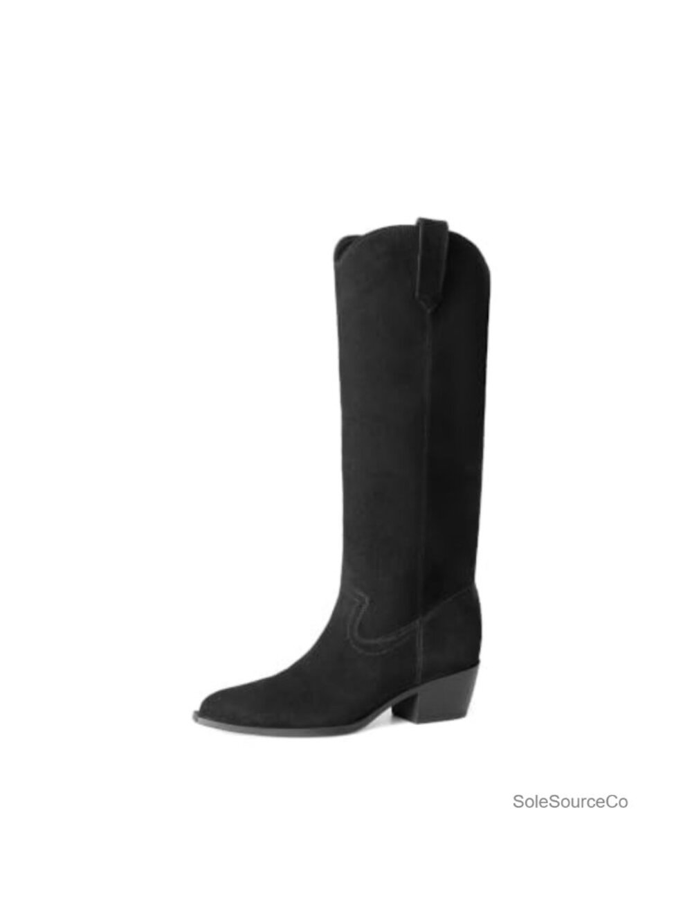 Suede Knee High Western Boots Pointed Toe Block Heel Pull On